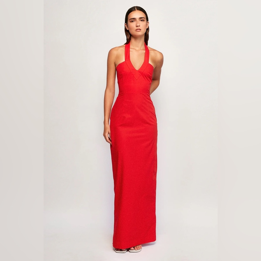 Red Ruched Halter Maxi Dress with Slit